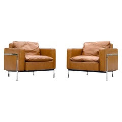 Pair De Sede Robert Haussmann Model RH 302 Lounge Arm Chairs, Leather + Chrome