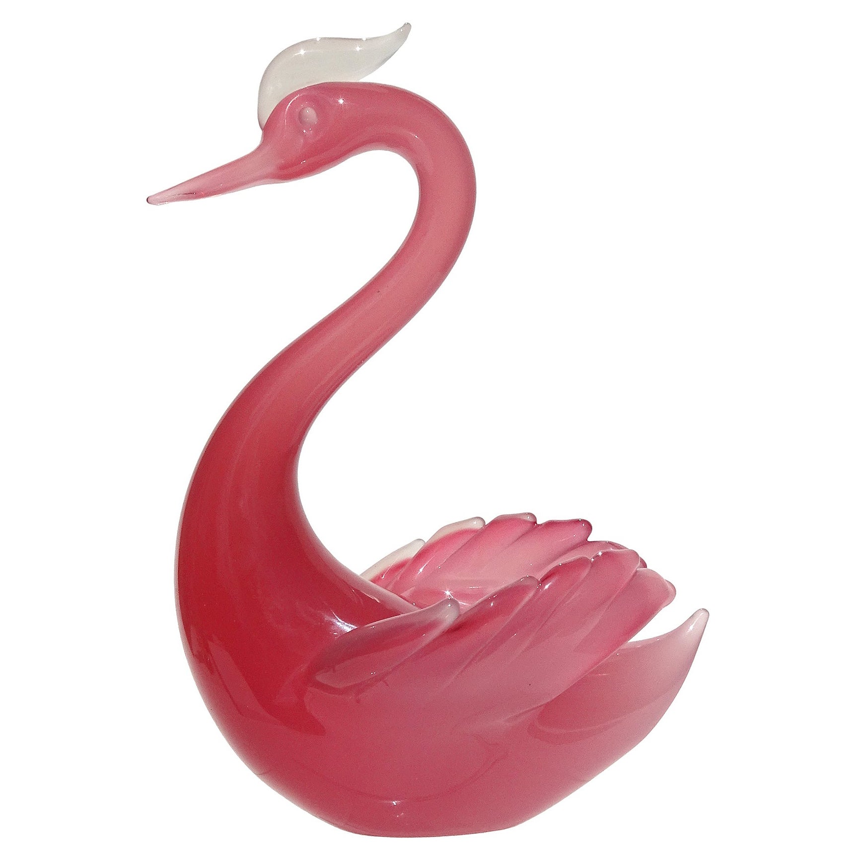 Seguso Murano Opalescent Dark Pink White Italian Art Glass Swan Bird Sculpture