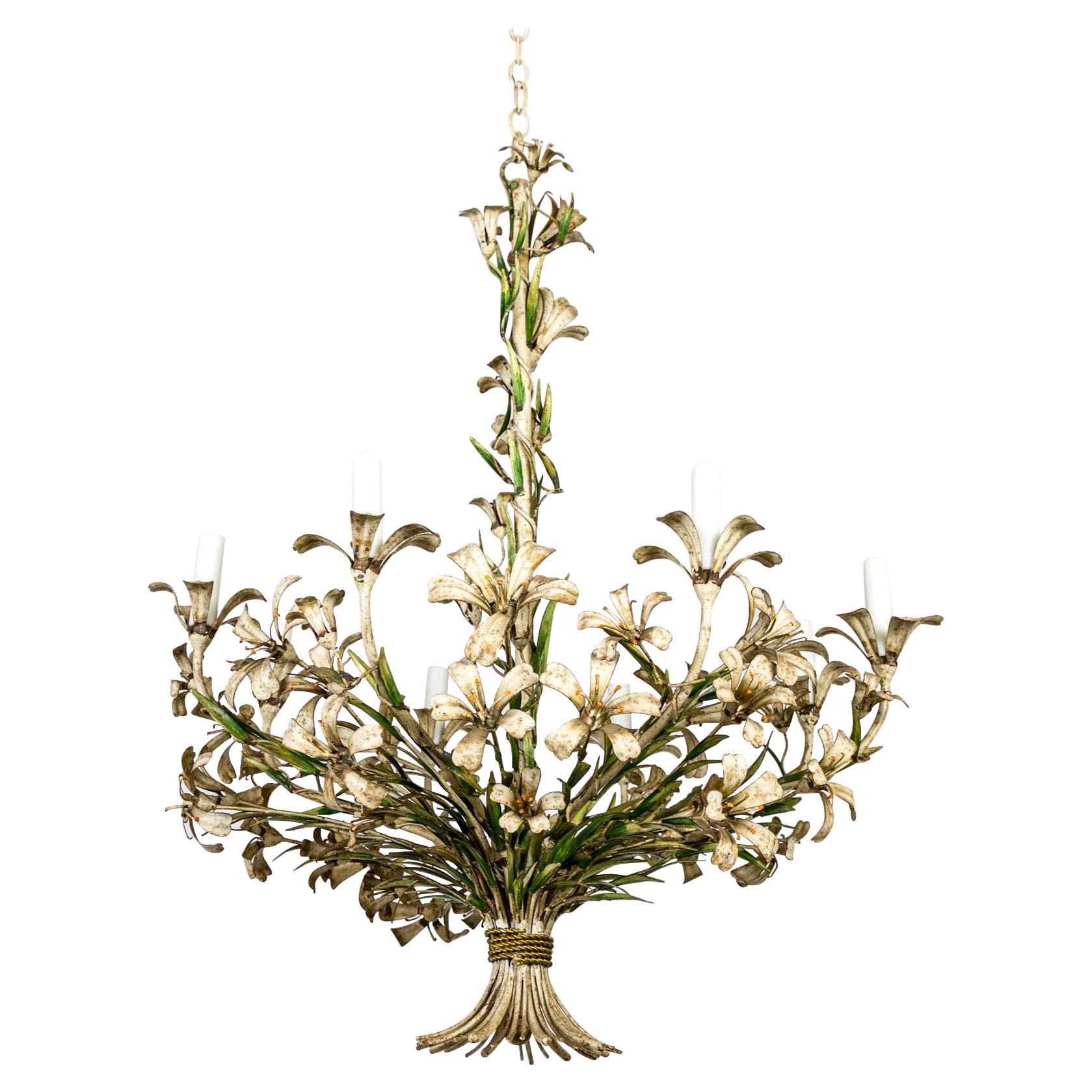 Large Vintage Italian Cream Tole Flower Chandelier