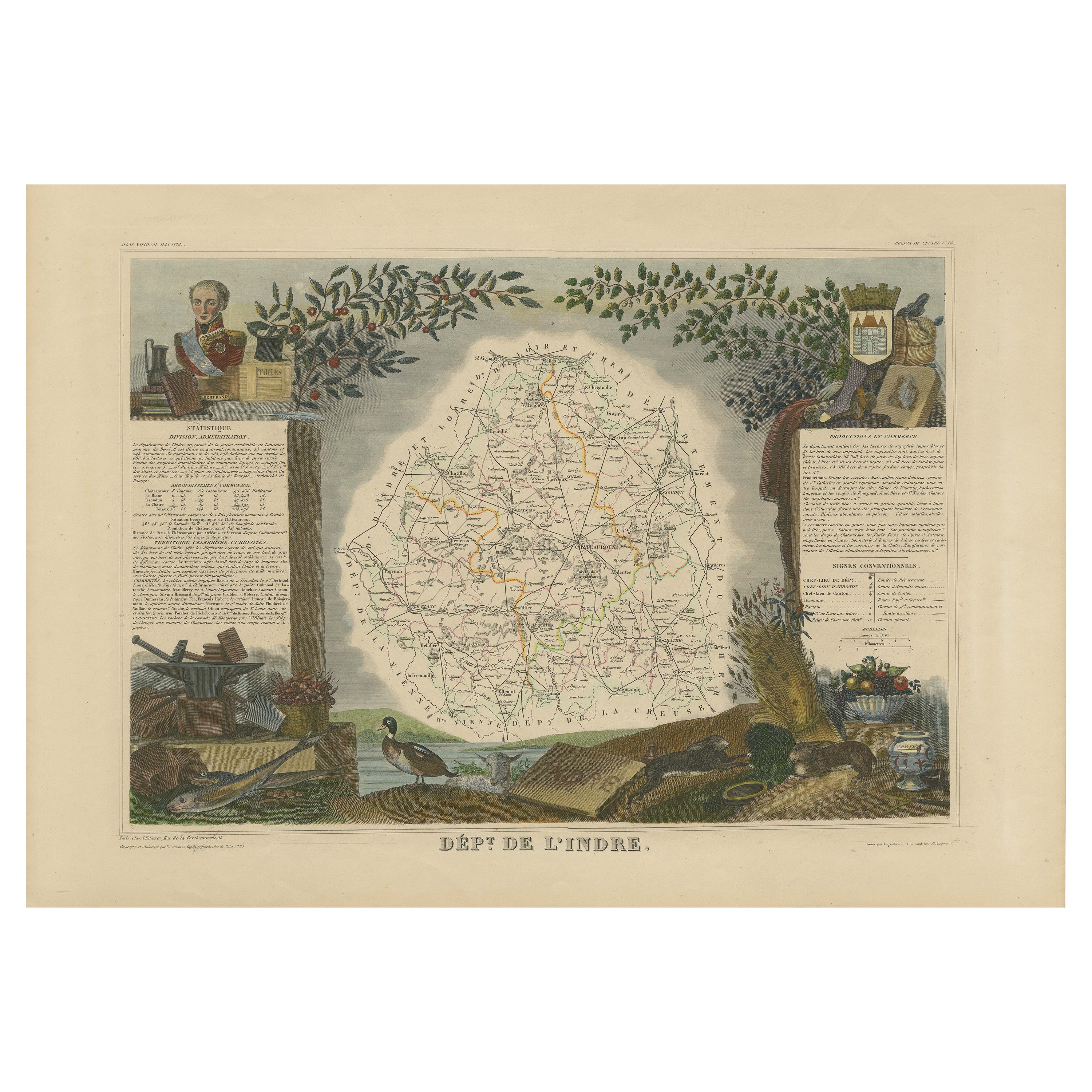Antique Map of the Indre Region in France, ca. 1852 For Sale