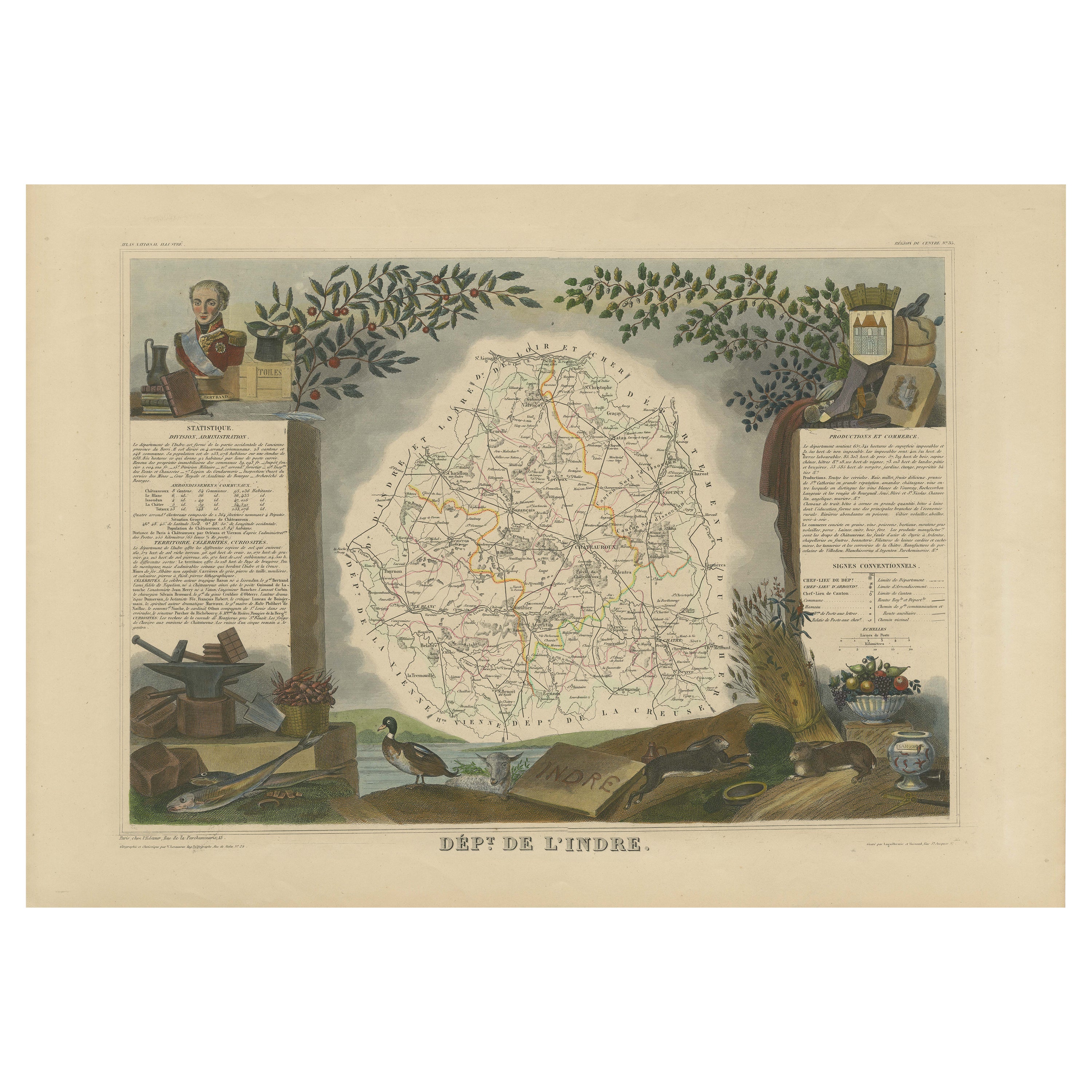 Antique Map of the Indre Region in France, ca. 1852