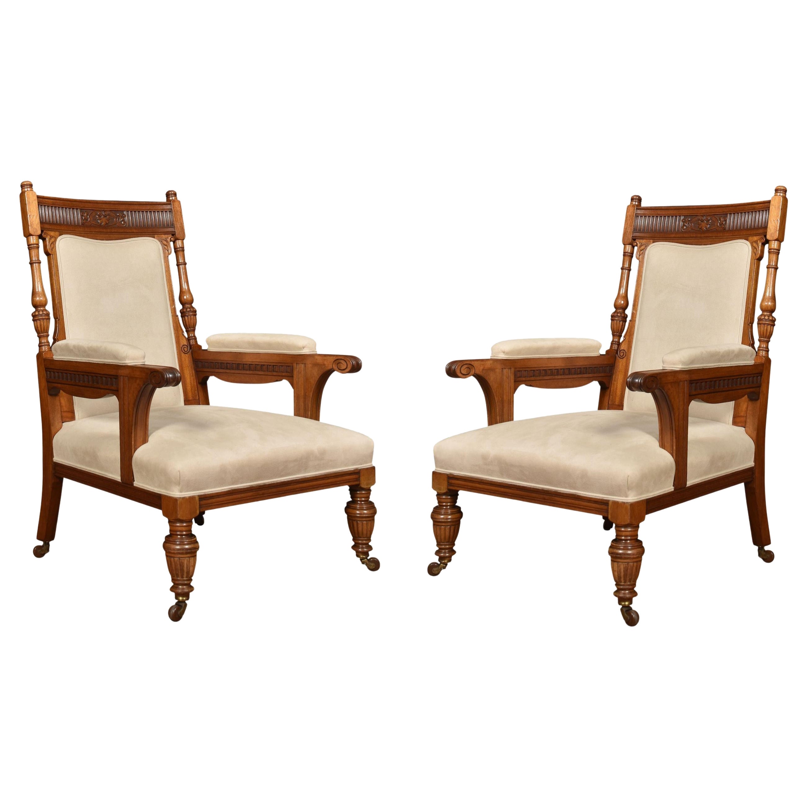 Pair of Walnut Upholstered Library Armchairs For Sale