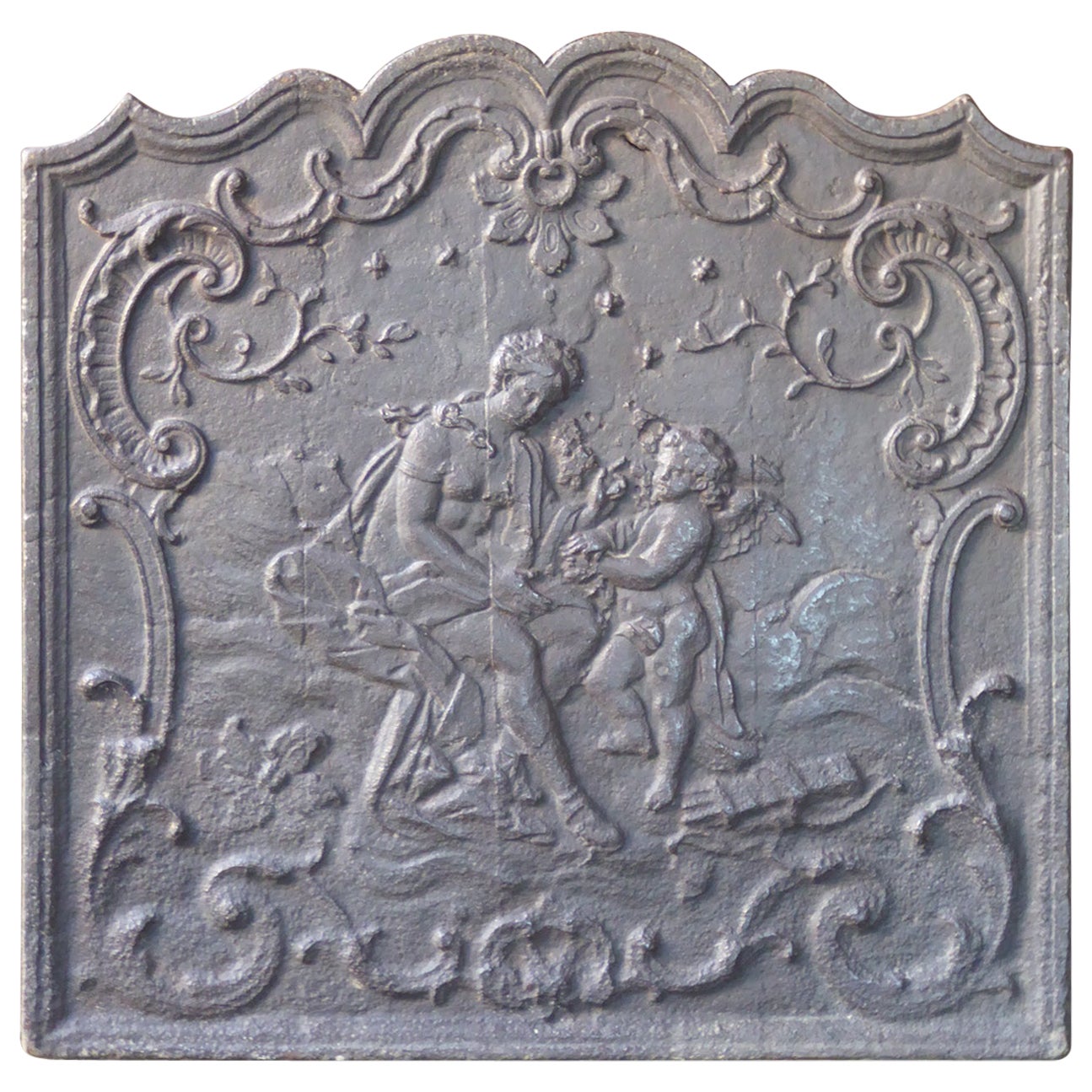 Antique French Louis XV 'Woman with Cupid' Fireback / Backsplash, 18th Century For Sale