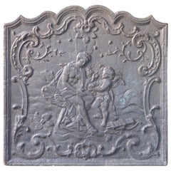 Antike französische Louis XV.-Kaminplatte „Frau mit Amor“ mit Kaminschirm/Rückenaufsatz, 18. Jahrhundert