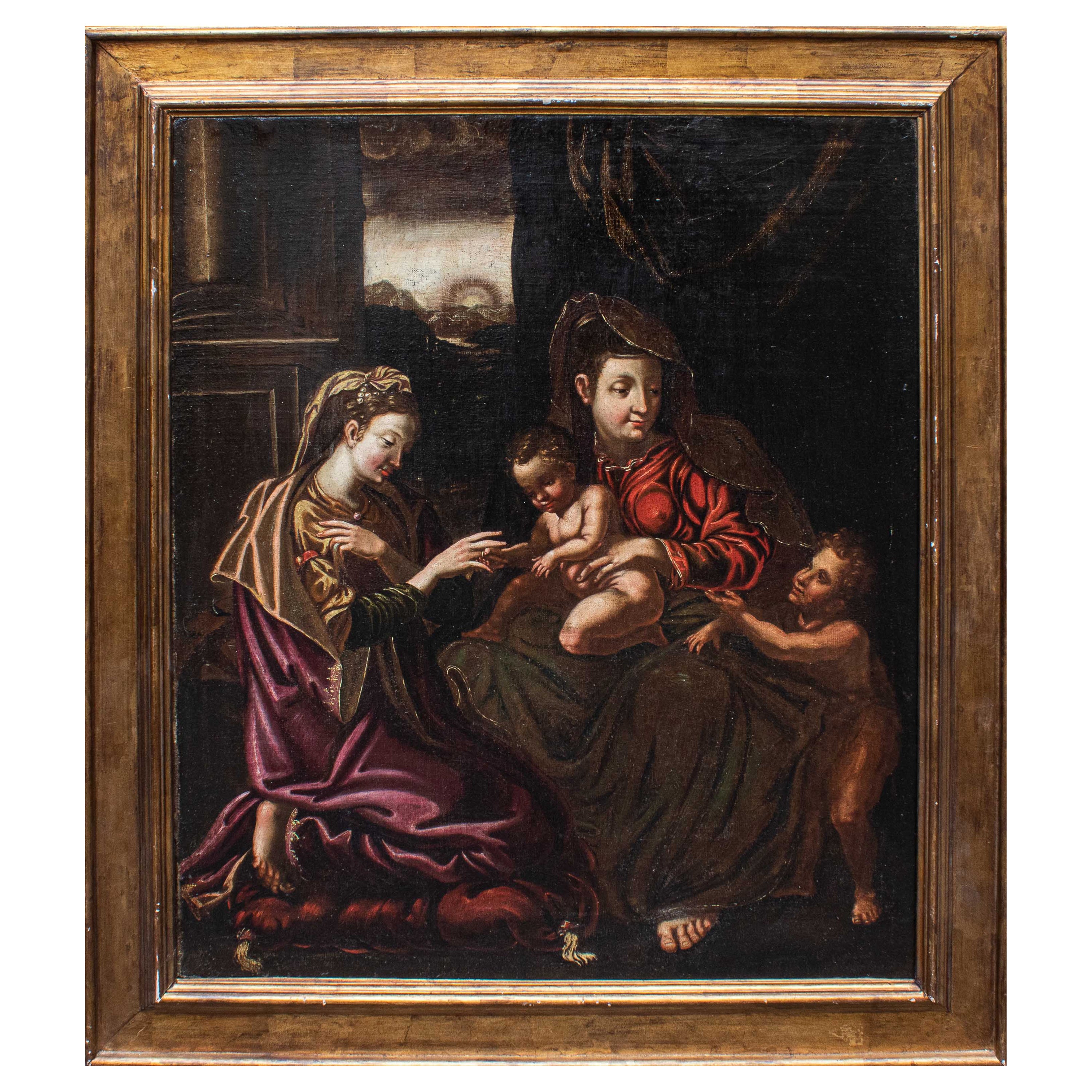 Peinture à l'huile sur toile du 17ème siècle représentant le mariage mystique de Sainte Catherine en vente