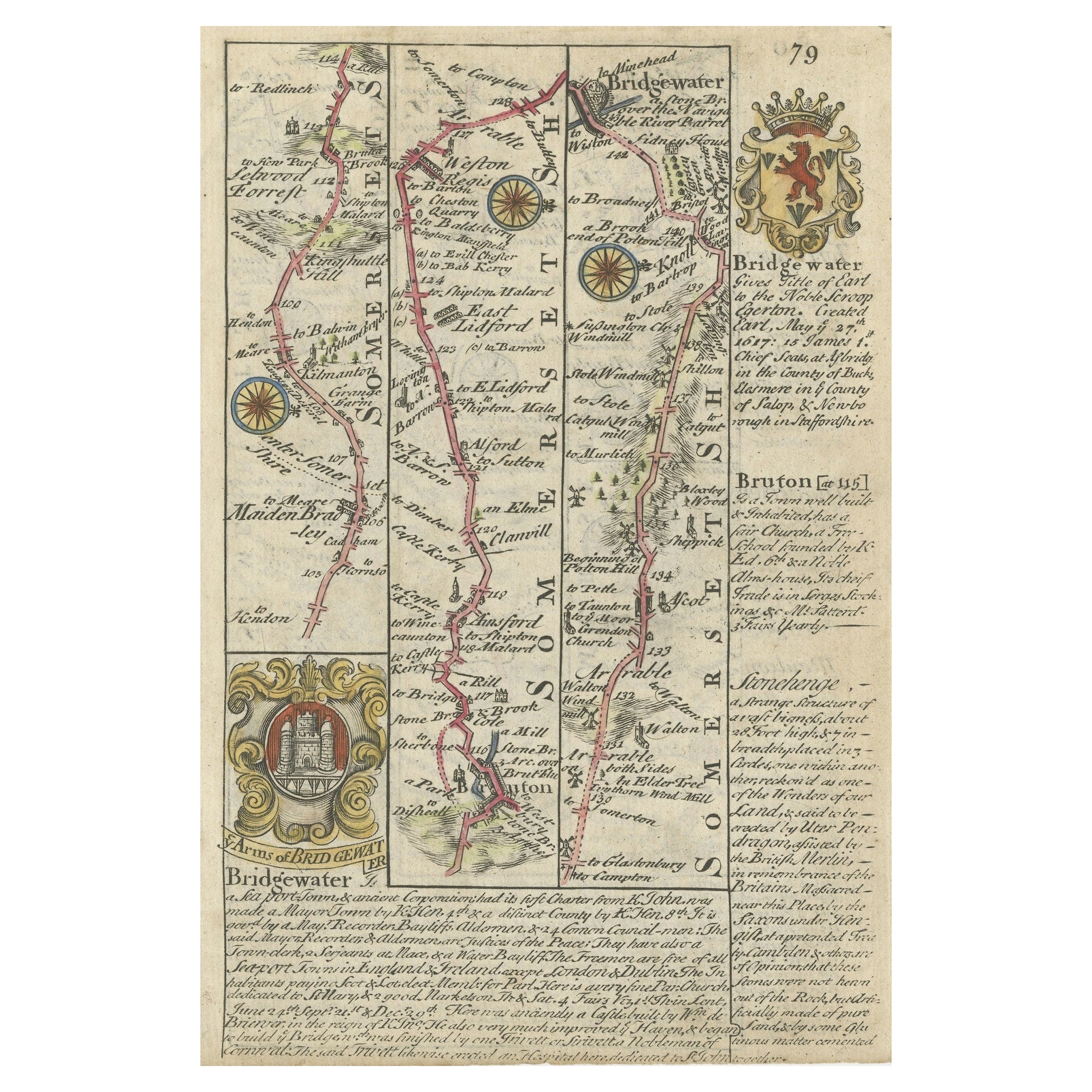 Rare carte ancienne de la route de Maiden Bridge à Dulverton, Angleterre, vers 1720