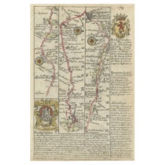 Rare Antique Map of the Route from Maiden Bridge to Dulverton, England, c.1720