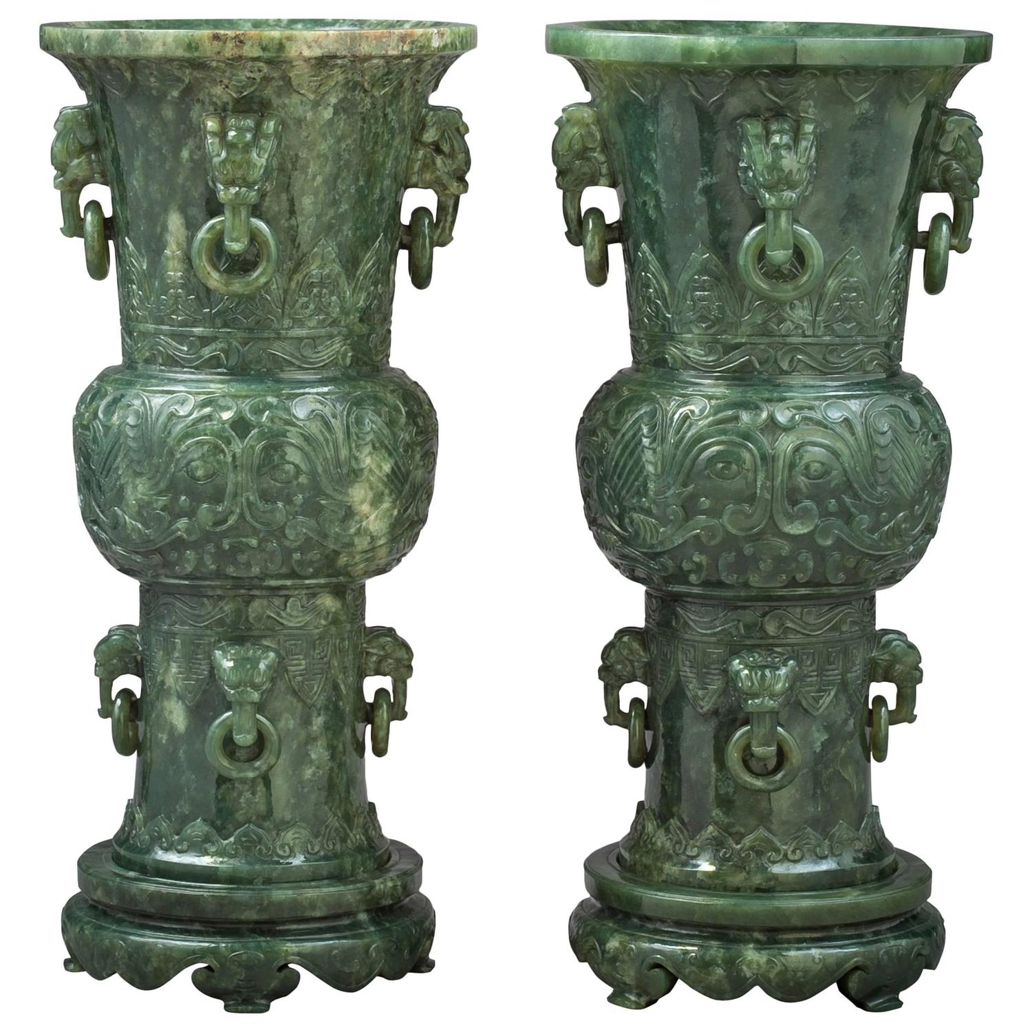 Pair of Spinach Jade Vases on Stand For Sale at 1stdibs