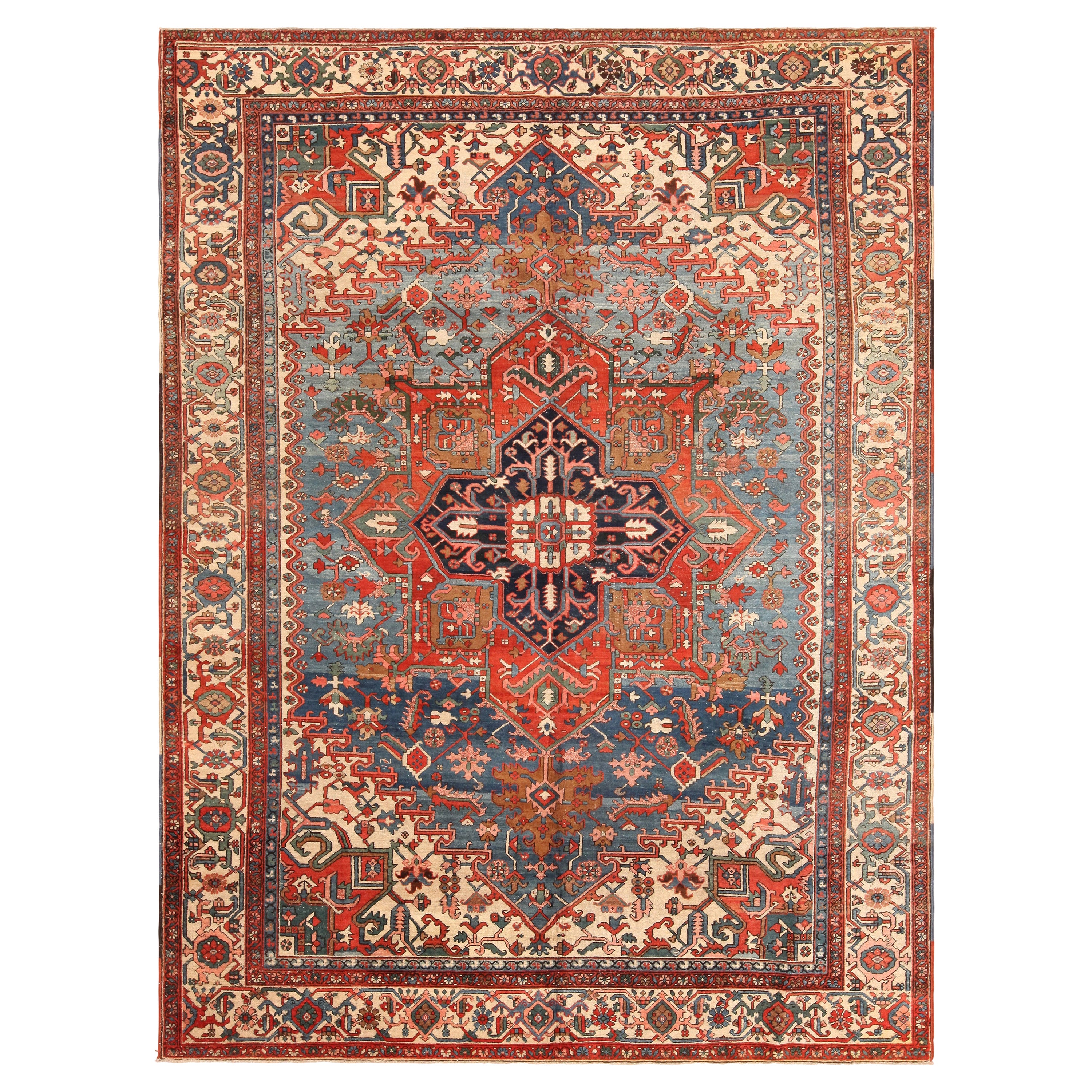 Antiker persischer Heriz-Teppich. Größe: 8 Fuß 7 Zoll x 11 Fuß 3 Zoll im Angebot