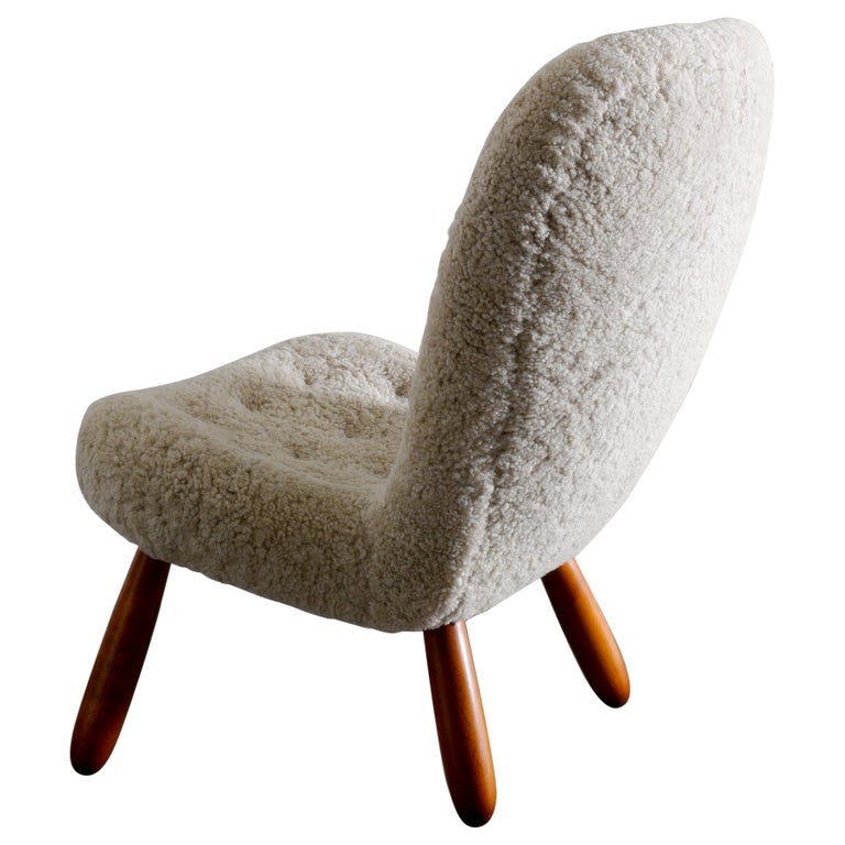 Arnold Madsen / Philip Arctander Clam Chair in Sheepskin Prod in Denmark, 1940s For Sale