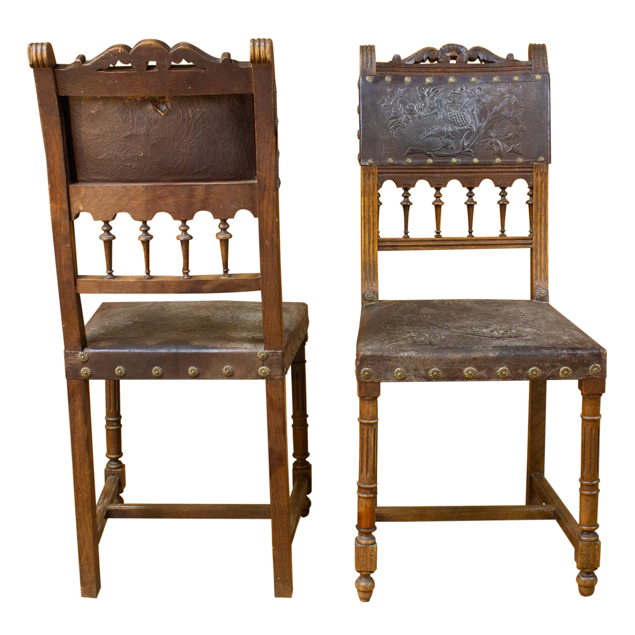 Pair of Chairs Neo- Renaissance or Henri II Style in Wood and Leather 19th
