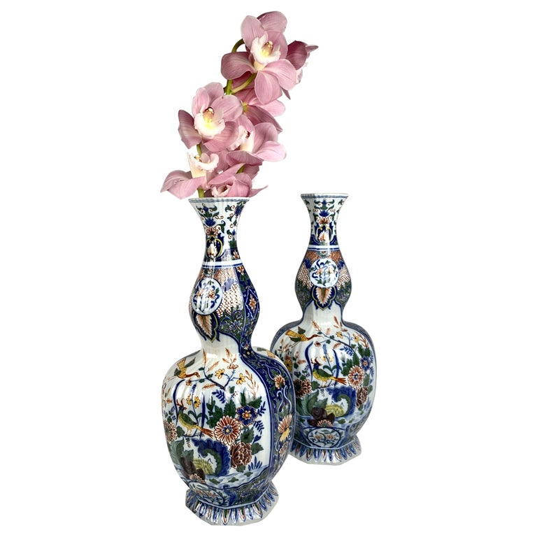 Pair Large Delft Mantle Vases Painted in Polychrome Colors For Sale at