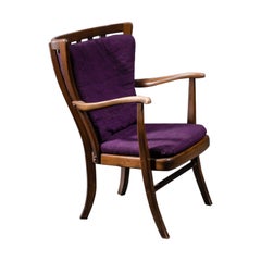 Elegant Danish Wingback Armchair with Warm Deep Purple Cushions