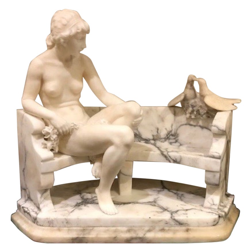 Art Deco Alabaster Sculpture of a Lady Feeding Doves, by Alberto Saccardi, 1920s