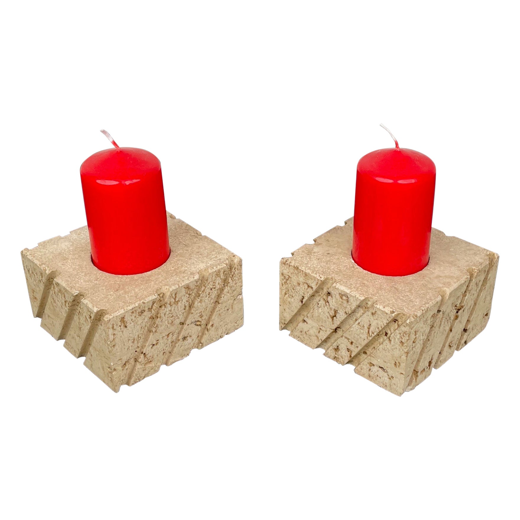 Pair of Candles Holders in Travertine Fratelli Mannelli, Italy 1970s For Sale