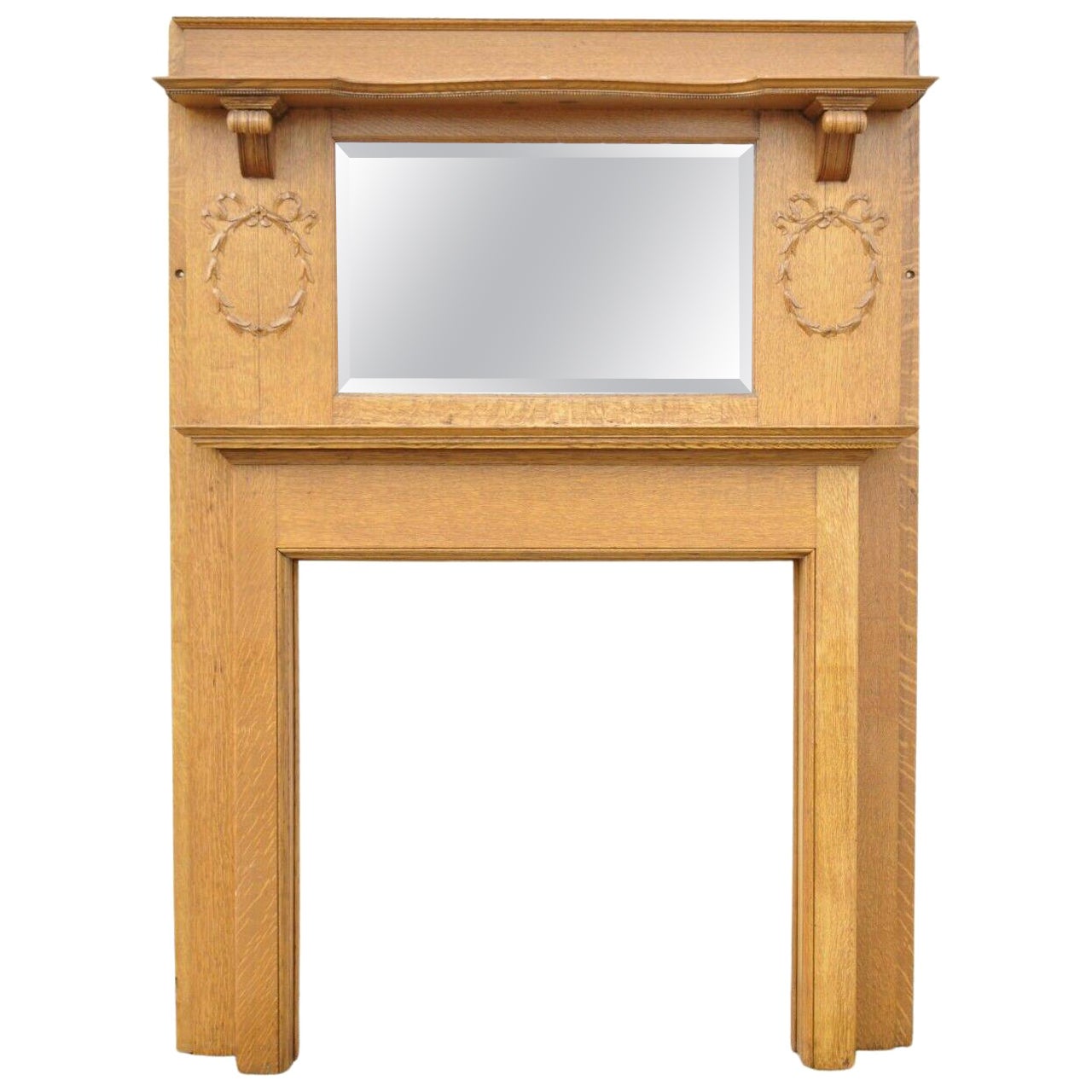 Antique American Victorian Golden Oak Wood Fireplace Mantel with Beveled Mirror