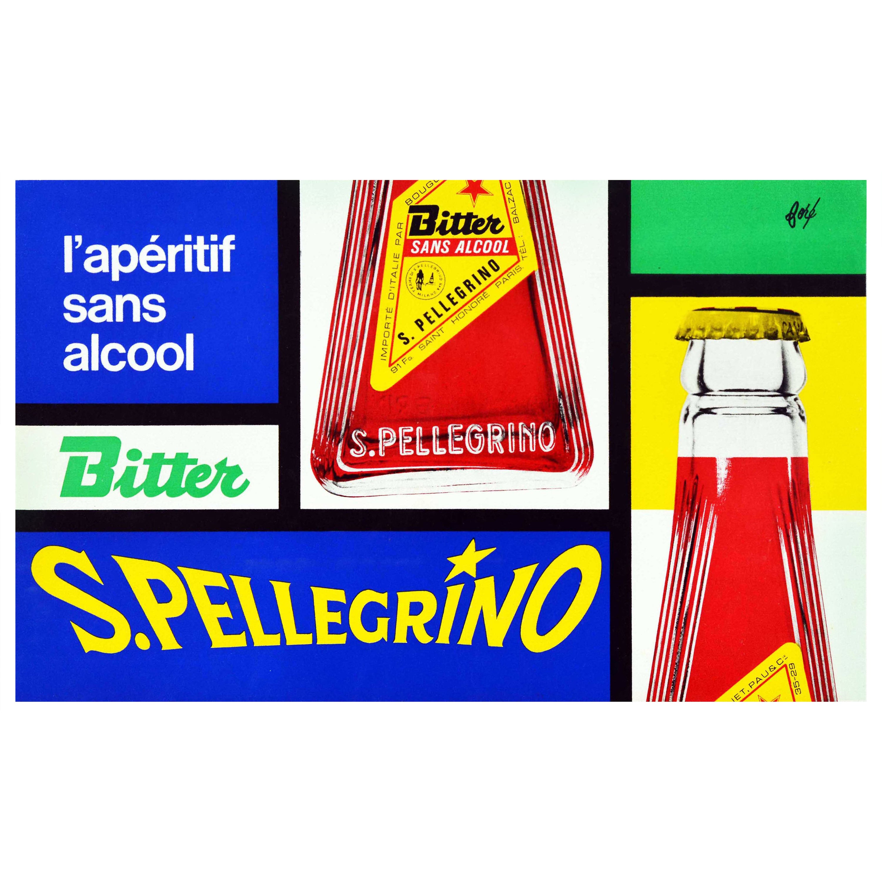 Affiche rétro originale pour la boisson pour San Pellegrino Bitter, design de style Mondrian en vente