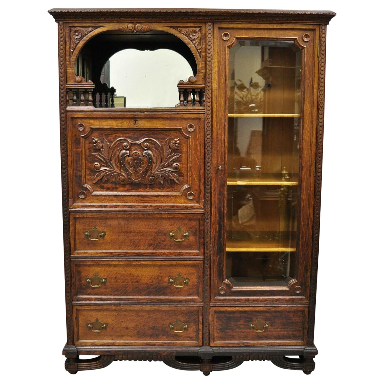 Antique Victorian Art Nouveau Carved Oak Wood Secretary Desk Bookcase