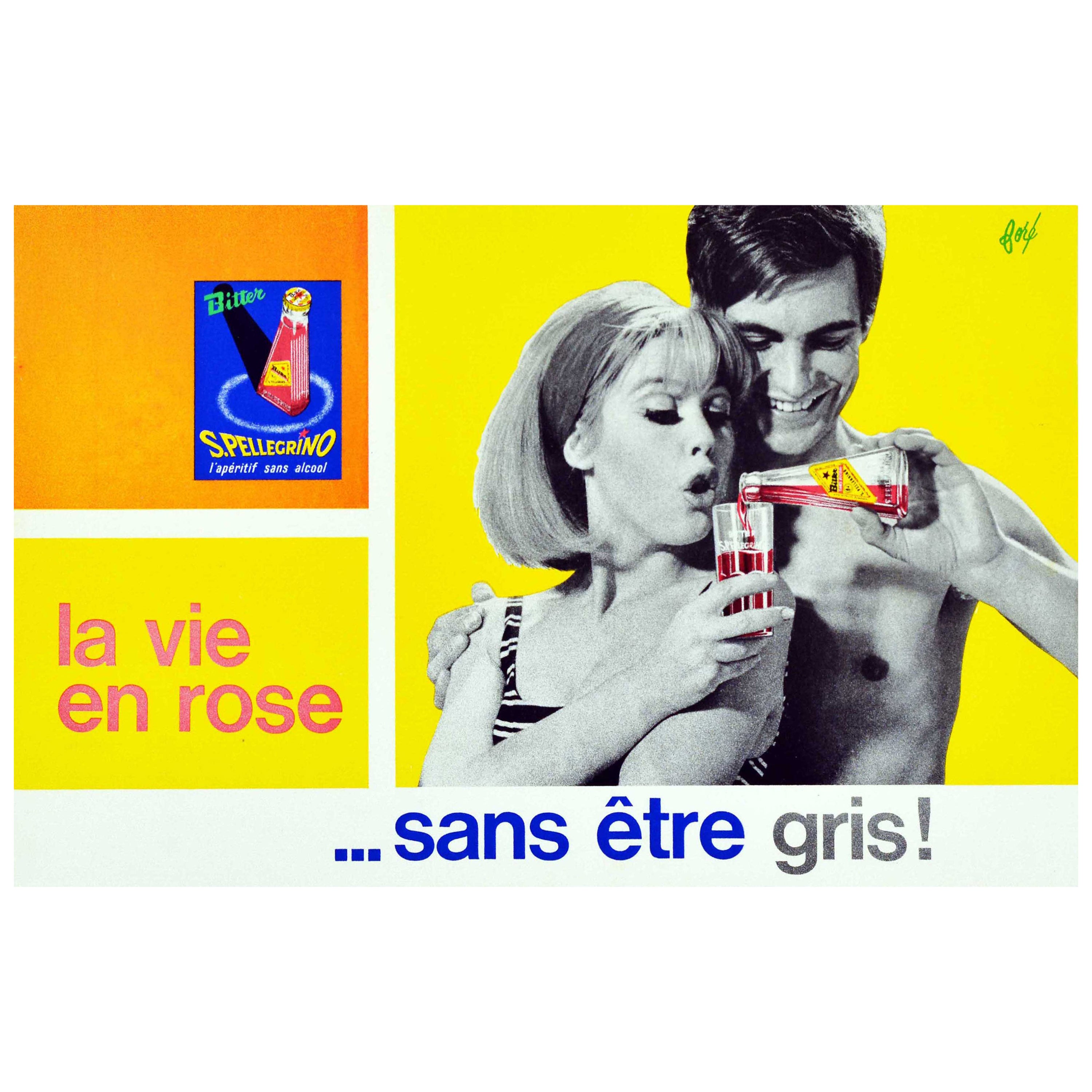 Affiche vintage originale San Pellegrino Bitter Alcohol Free La Vie En Rose