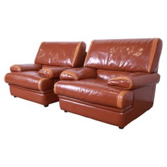 Pierre Cardin French Art Deco Oversized Leather Lounge Chairs, Pair