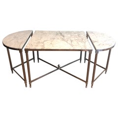 Silvered Metal Tripartite Coffee Table with Carrara Marble Tops, French