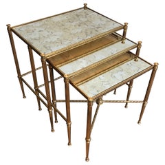 Set of 3 Brass Nesting Tables with Faux Antiques Glass Tops by Maison Baguès