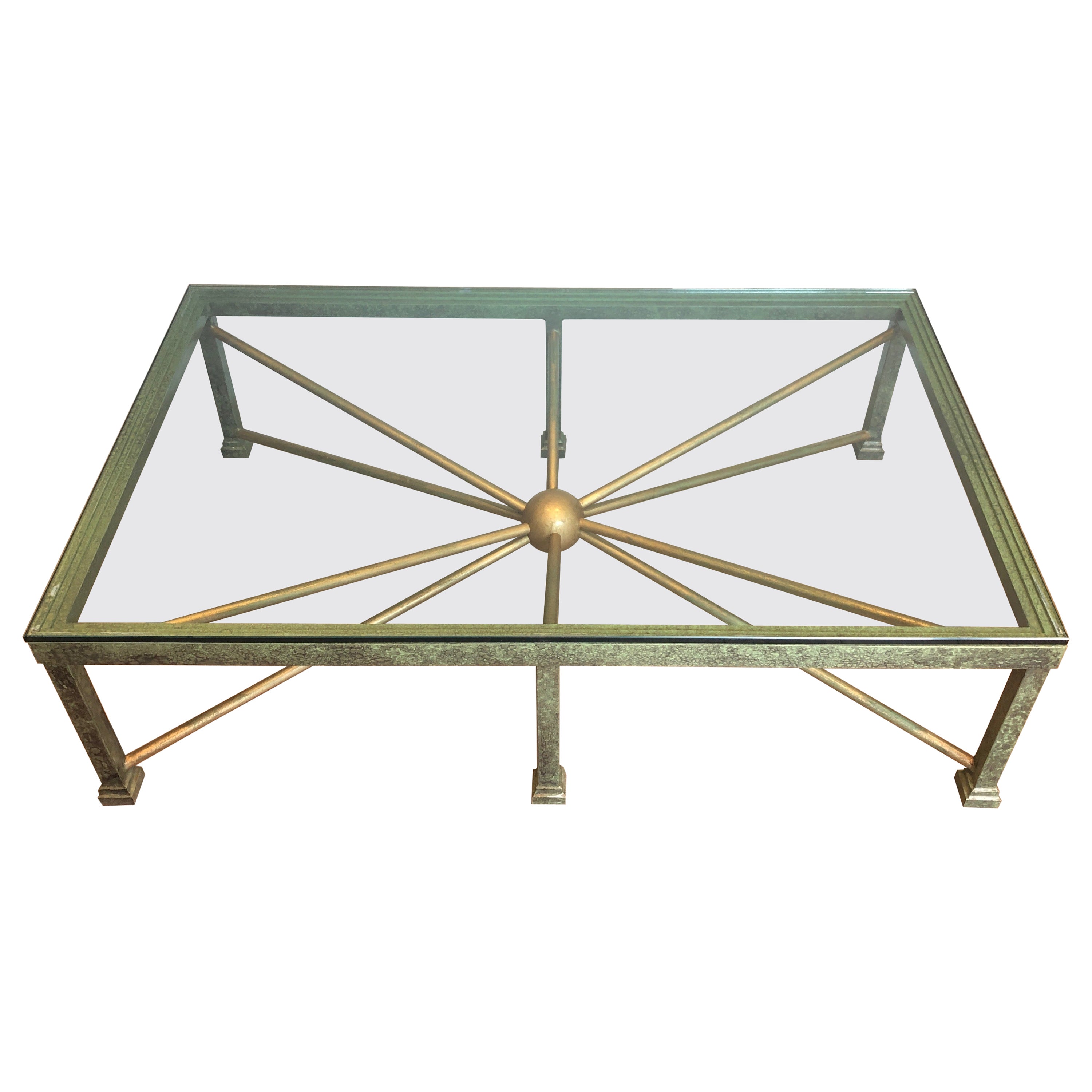 Large Patinated and Gilt Steel and Wrought Iron Coffee Table For Sale
