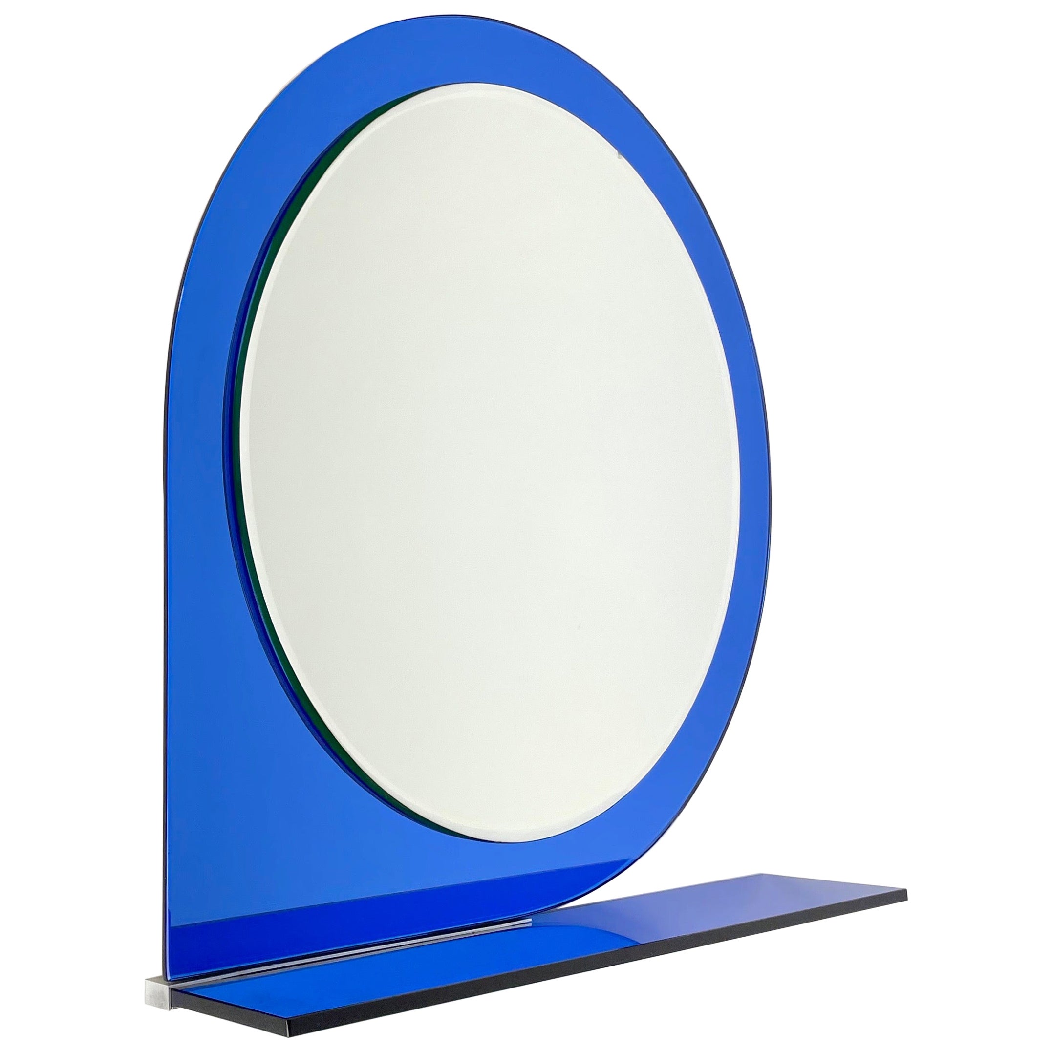Mid-Century Wall Mirror & Shelf Blue by Sena Cristal, 1970s For Sale