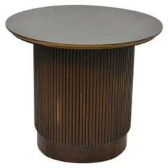 Lane Mid-Century Modern Walnut Round Black Laminate Top Drum Side Table