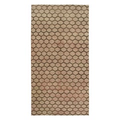 1960s Distressed Vintage Rug in Beige & Brown Honeycomb Geometric Pattern