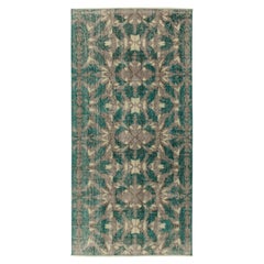 1960s Distressed Vintage Runner in Beige and Teal Floral Patterns by Rug & Kilim