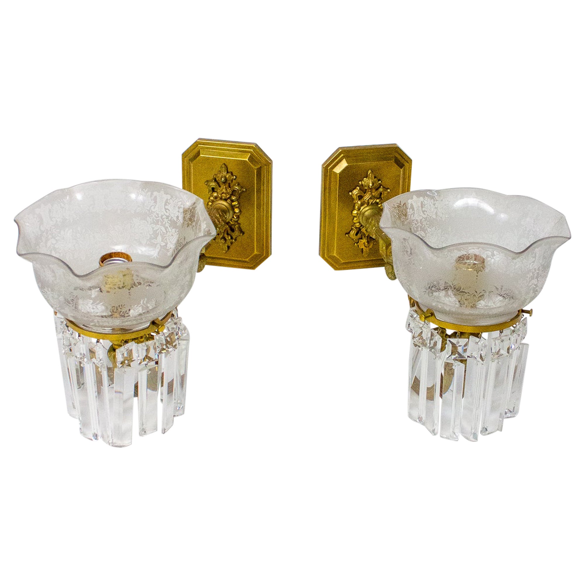 19th Century Gas Wall Sconces with Crystal Prisms, a Pair For Sale