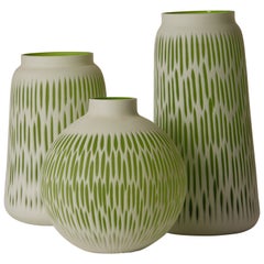 1980s Italian Set of Three White Blown Glass Vases with Green Detailing