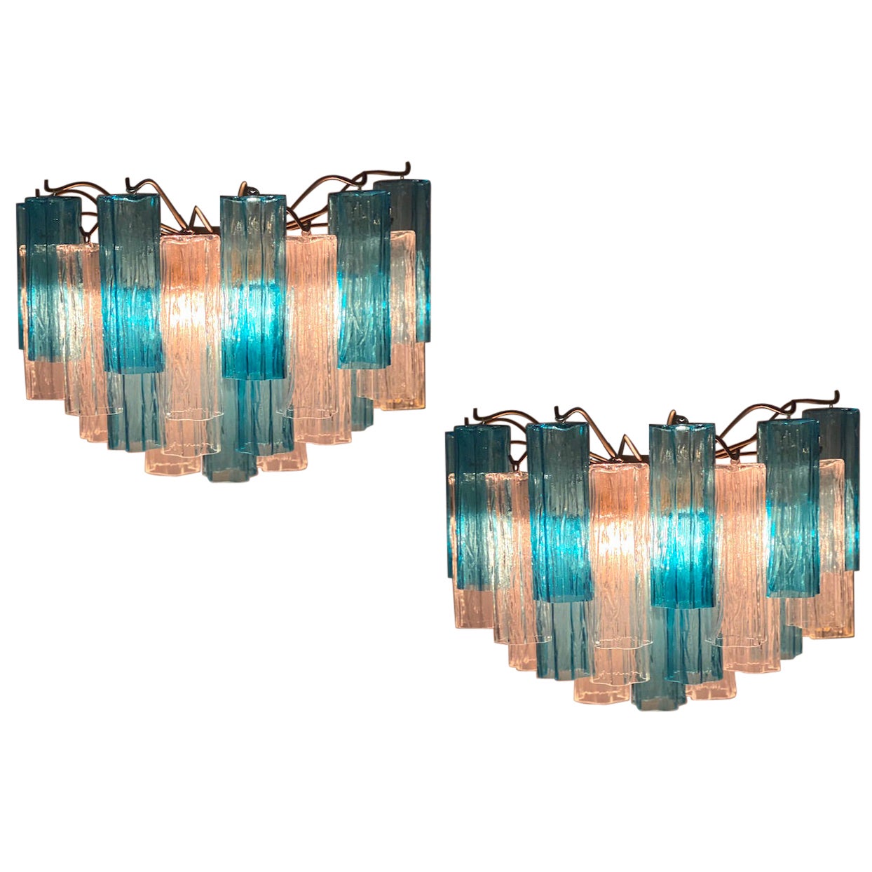 Pair of Blue and Clear Murano Glass Tronchi Sconces, 1970s