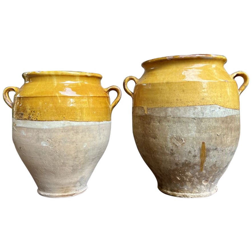 Antique Pair Set 2 French Confit Pot Yellow Glazed Pottery Provincial c1880