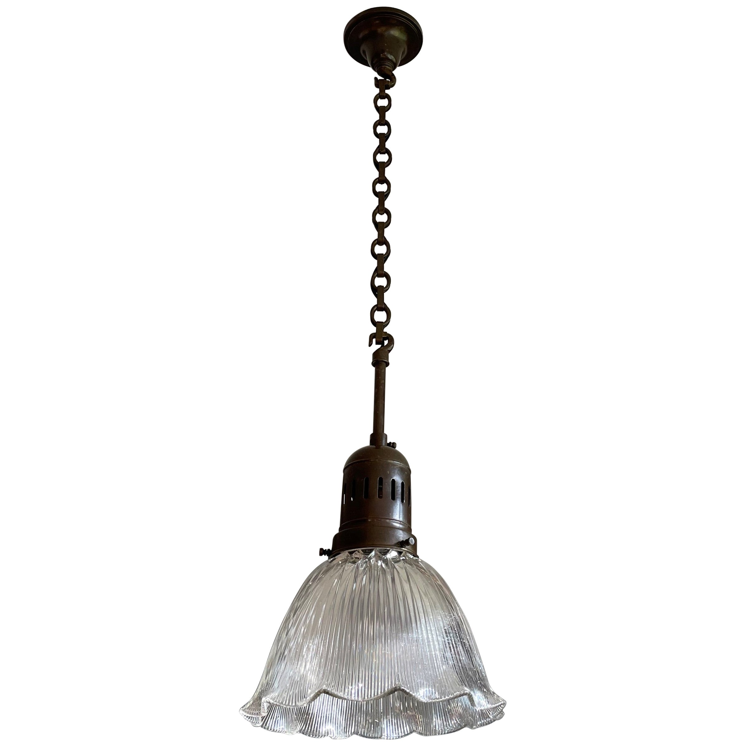 Antique Arts and Crafts Brass and Prismatic Glass Pendant Light by Holophane