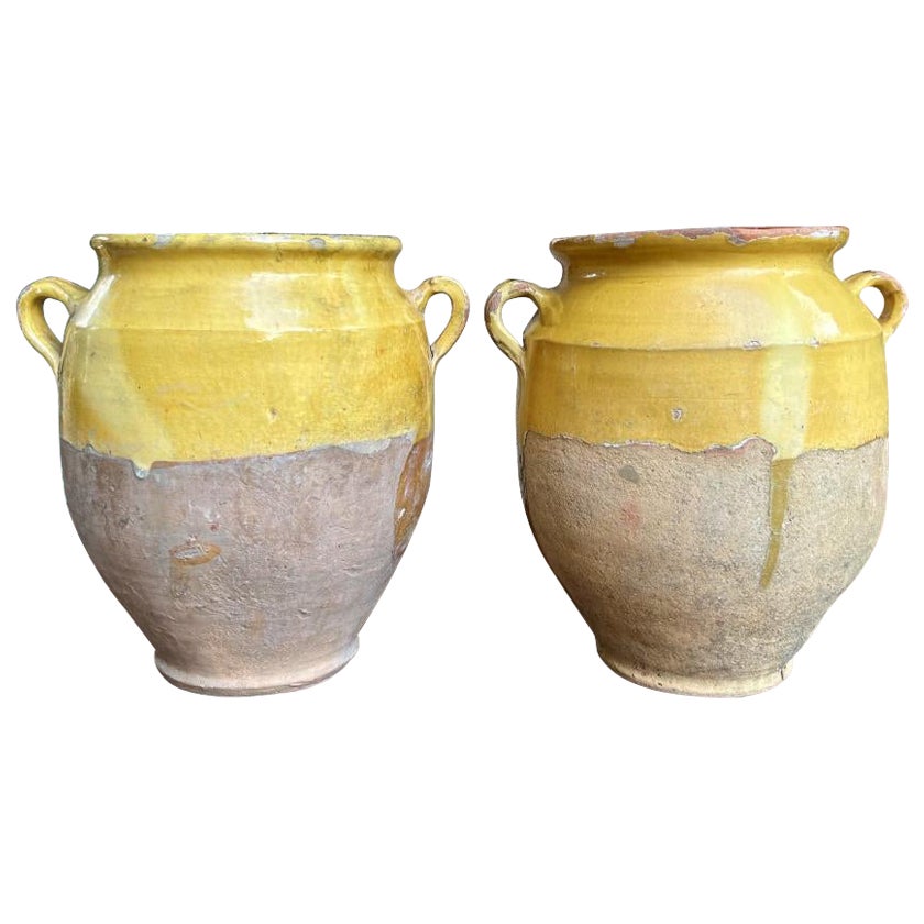 Antique Pair Set 2 French Confit Pot Yellow Glazed Pottery Provincial c1880