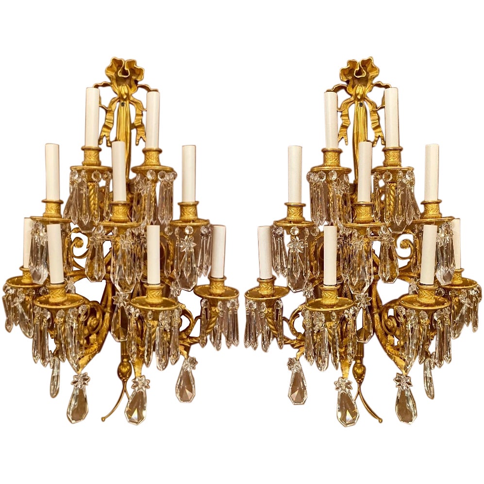 Pair Antique French Louis XVI Ormolu and Baccarat Crystal Sconces, circa 1880's For Sale