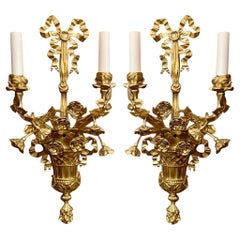 Pair Antique French Gold Bronze "Floral Basket" Sconces, Circa 1880-1890