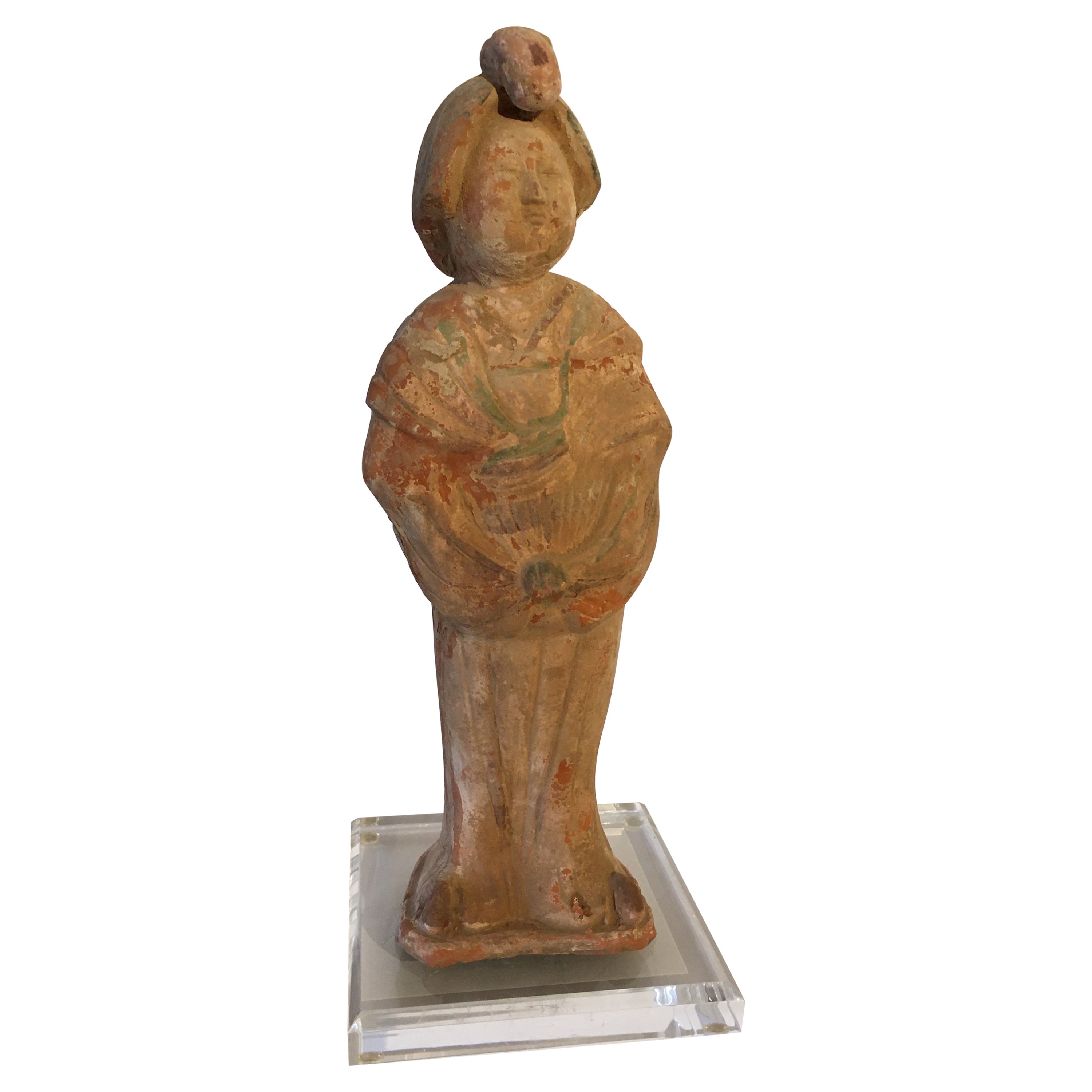 Sculpture d'ancêtre chinois en terre cuite éthérée sur socle en lucite