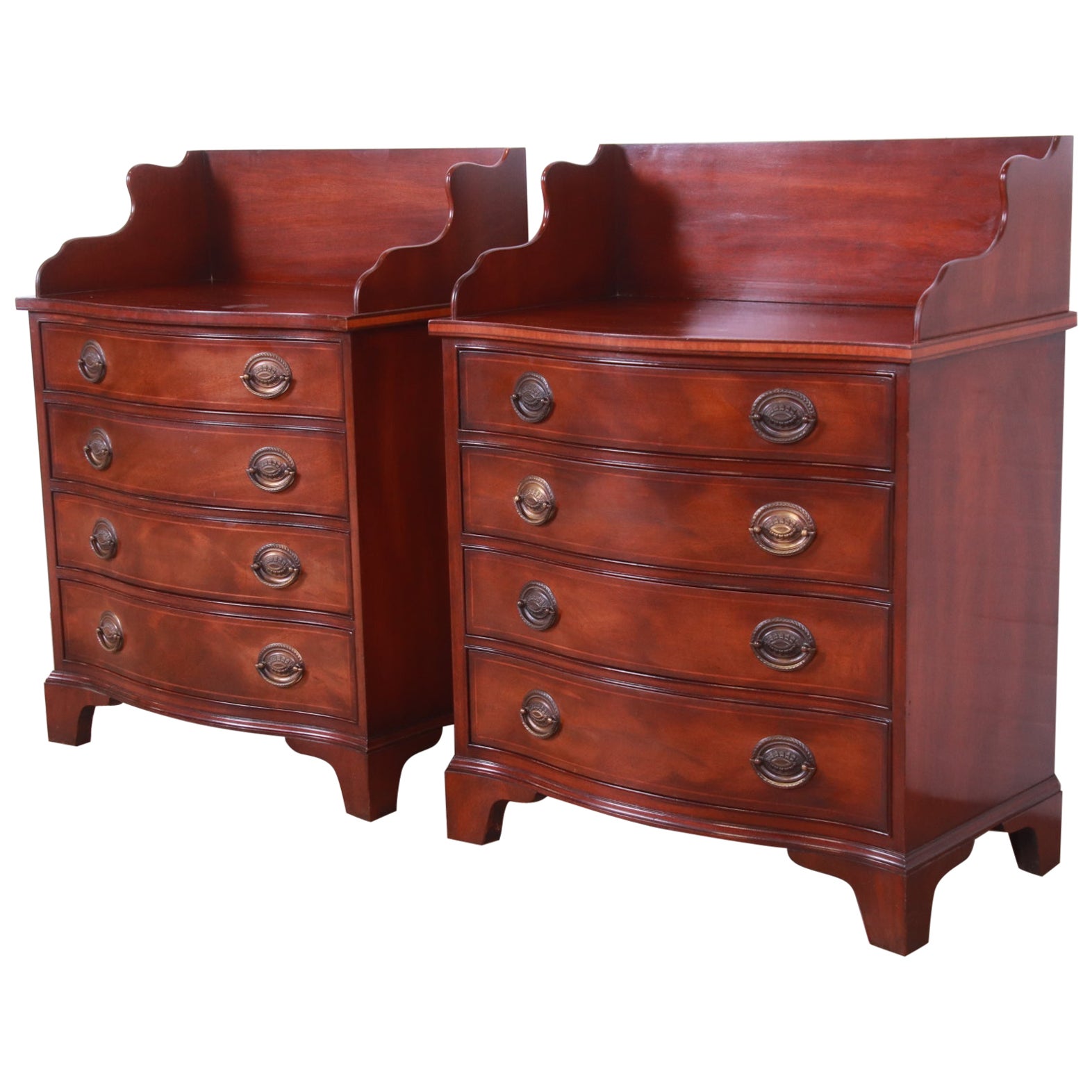 Henredon Georgian Inlaid Mahogany Serpentine Bachelor Chests or Nightstands