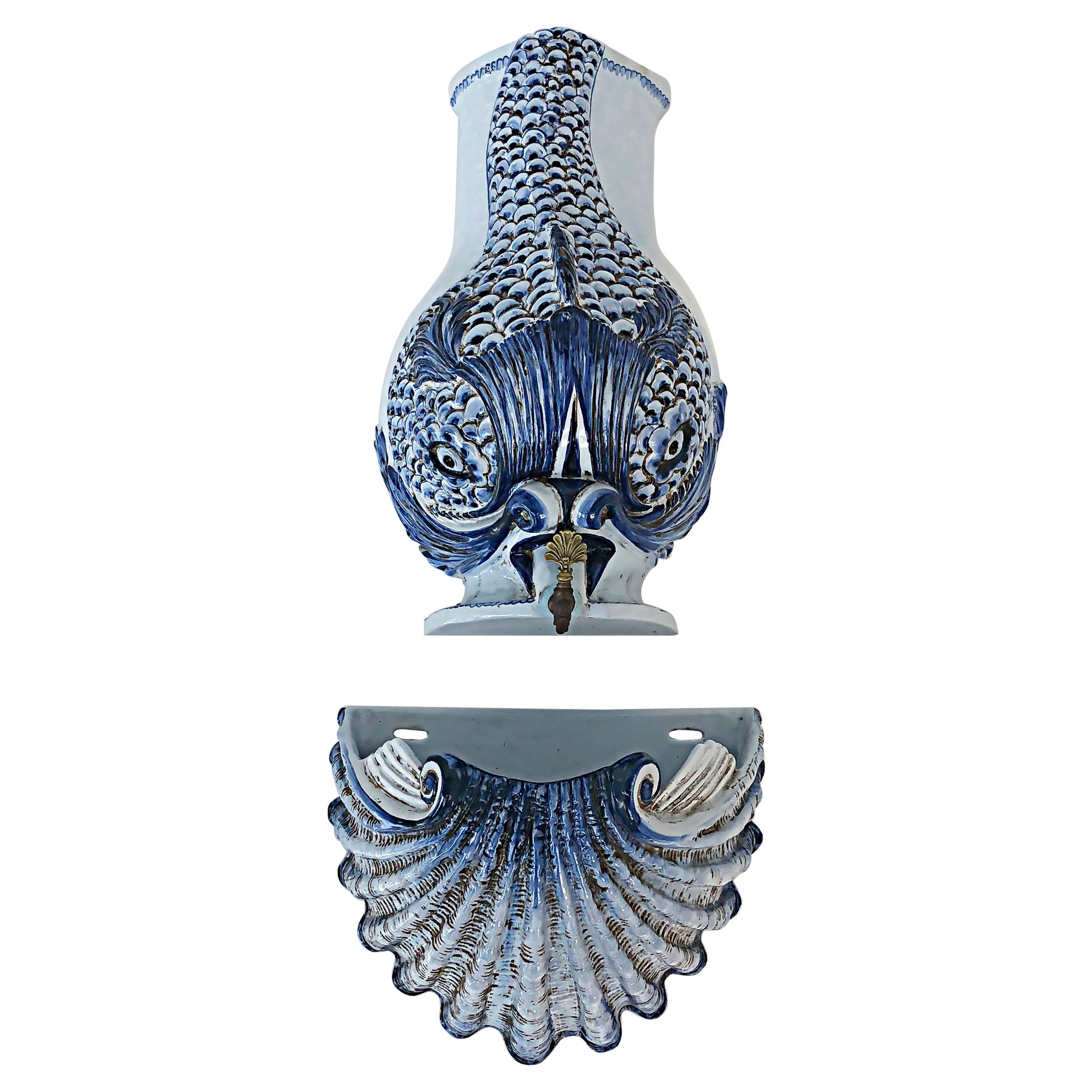 Italian Glazed Ceramic Dolphin Wall Fountain Lavabo with Shell
