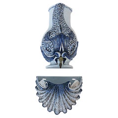 Italian Glazed Ceramic Dolphin Wall Fountain Lavabo with Shell