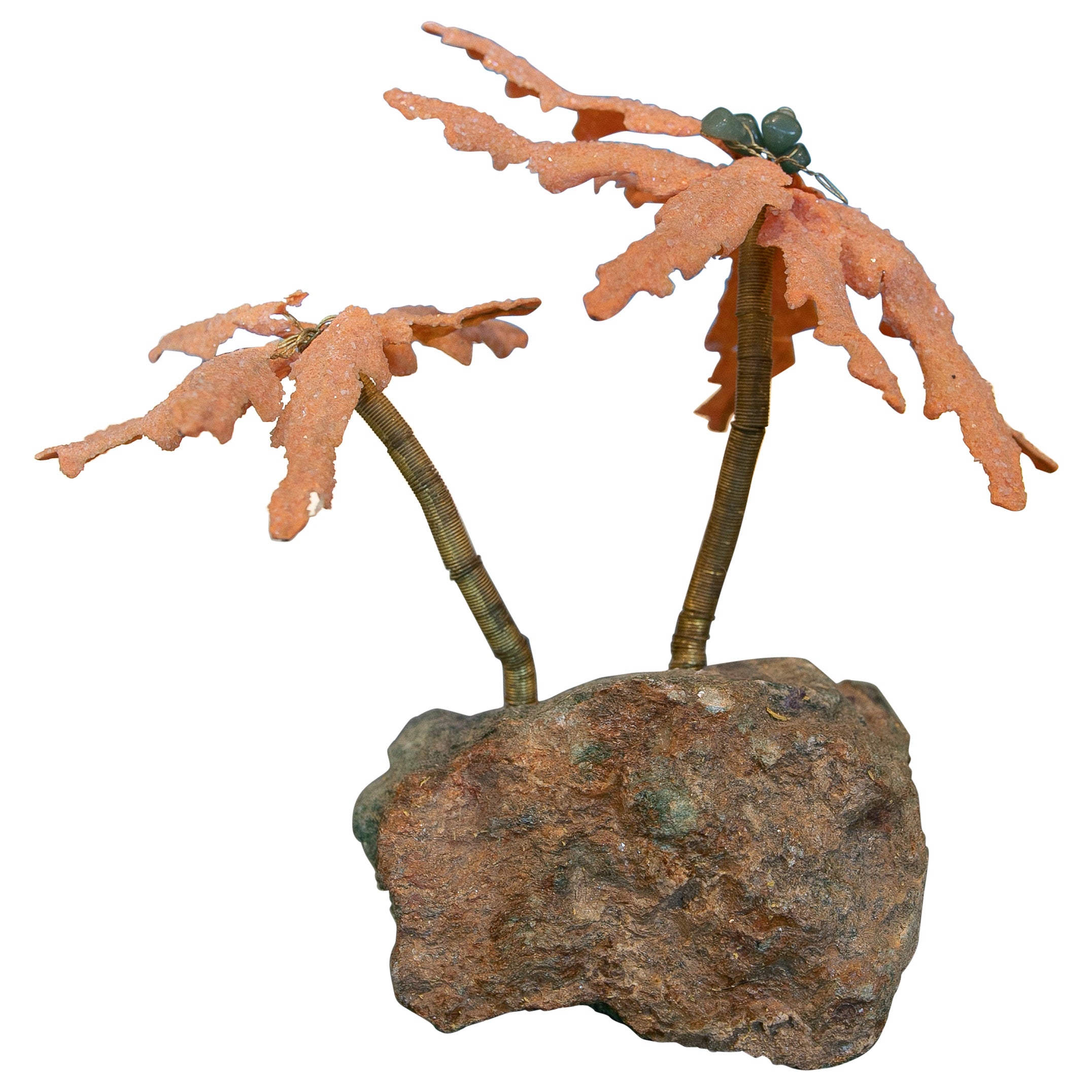 Handmade Sculpture of Palm Trees on Natural Rock in Green Colour For Sale