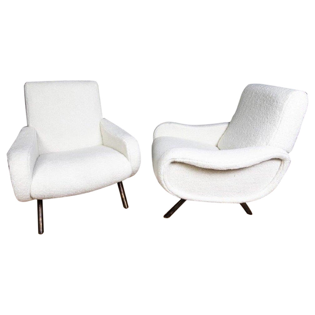 Pair of Marco Zanuso Armchair Model Lady in White Thick Wool Fabric