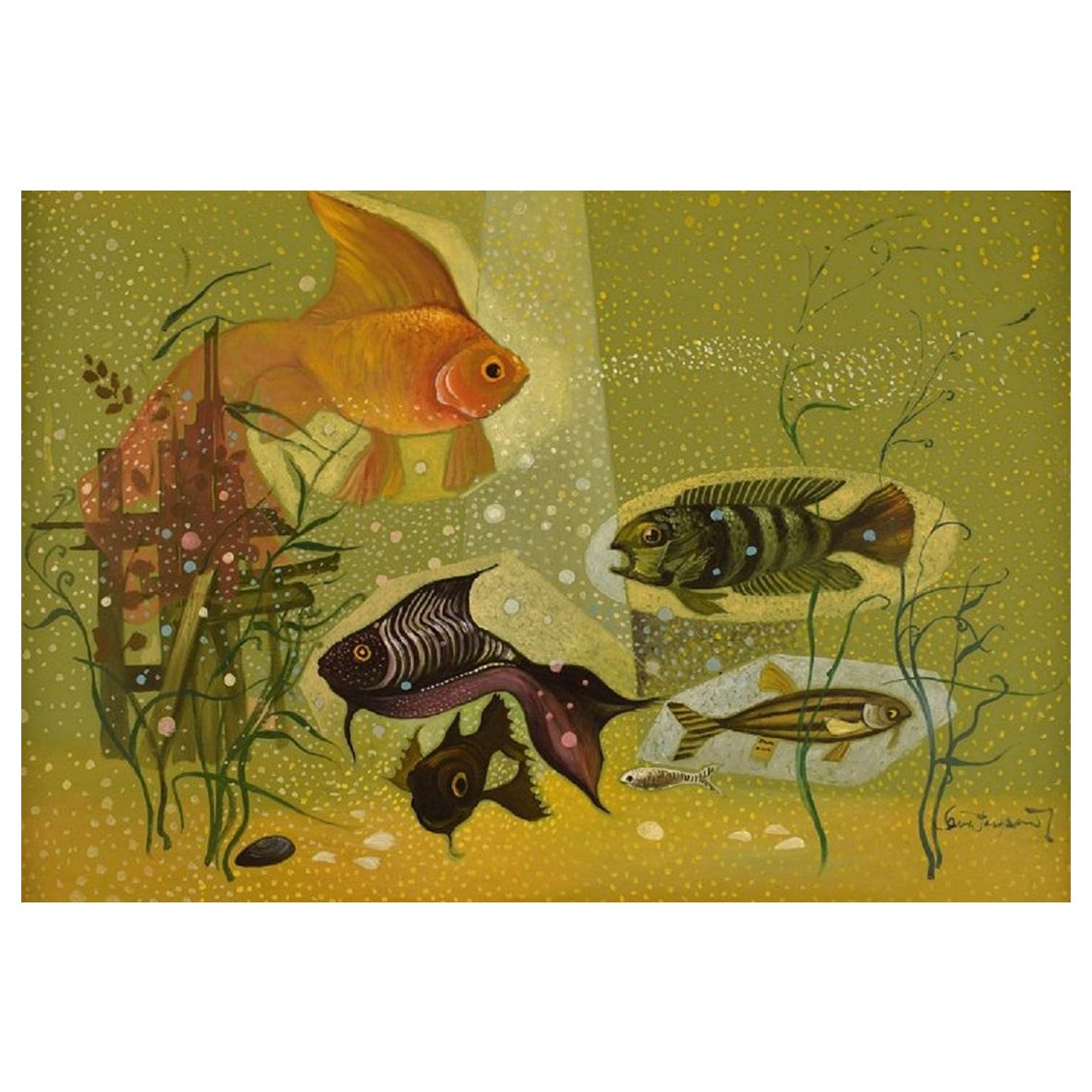 Ove Persson, Swedish Artist, Oil on Board, "Aquarium" For Sale