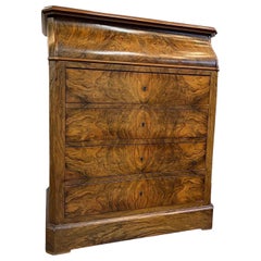 Commode ancienne en bois de ronce du 19ème siècle avec quatre tiroirs et plateau de bar