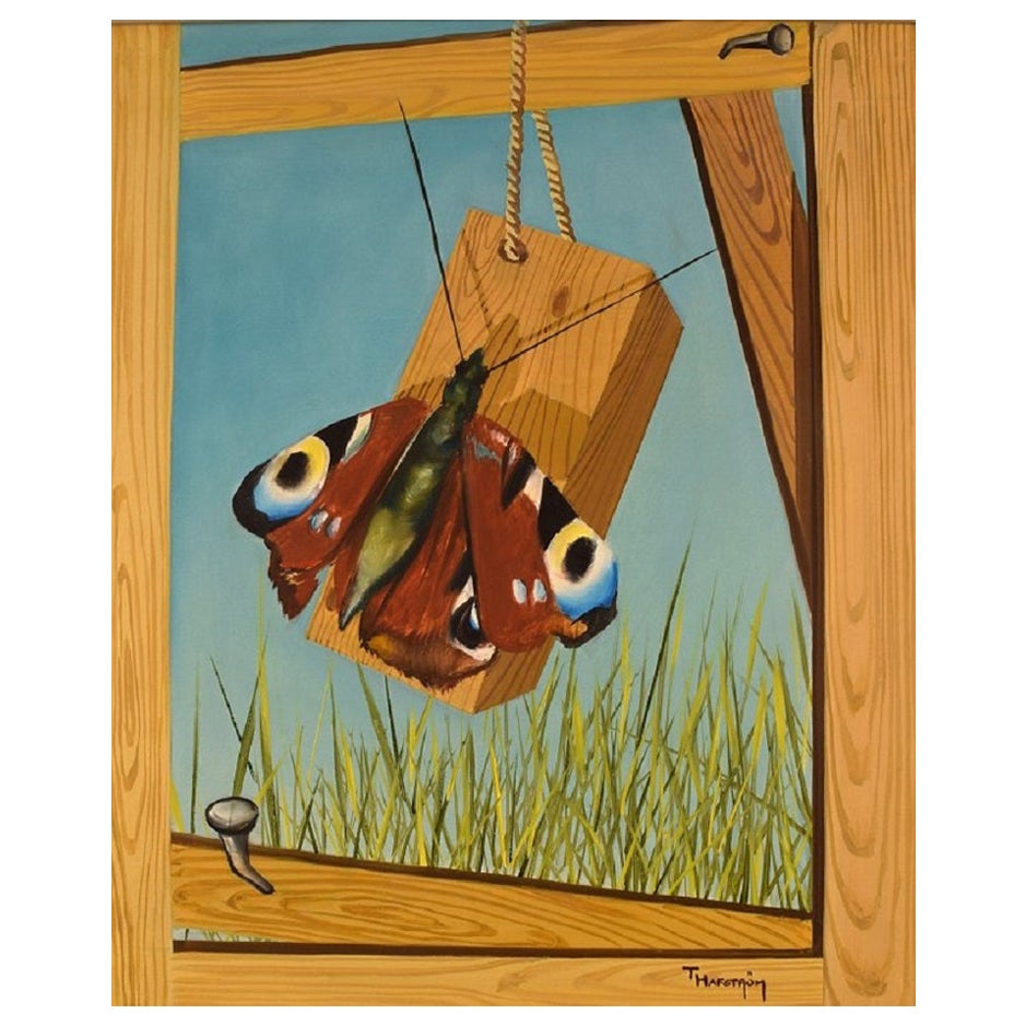 Thomas Hafström (b. 1954), Swedish Artist, Oil on Canvas, Butterfly on Woodwork For Sale