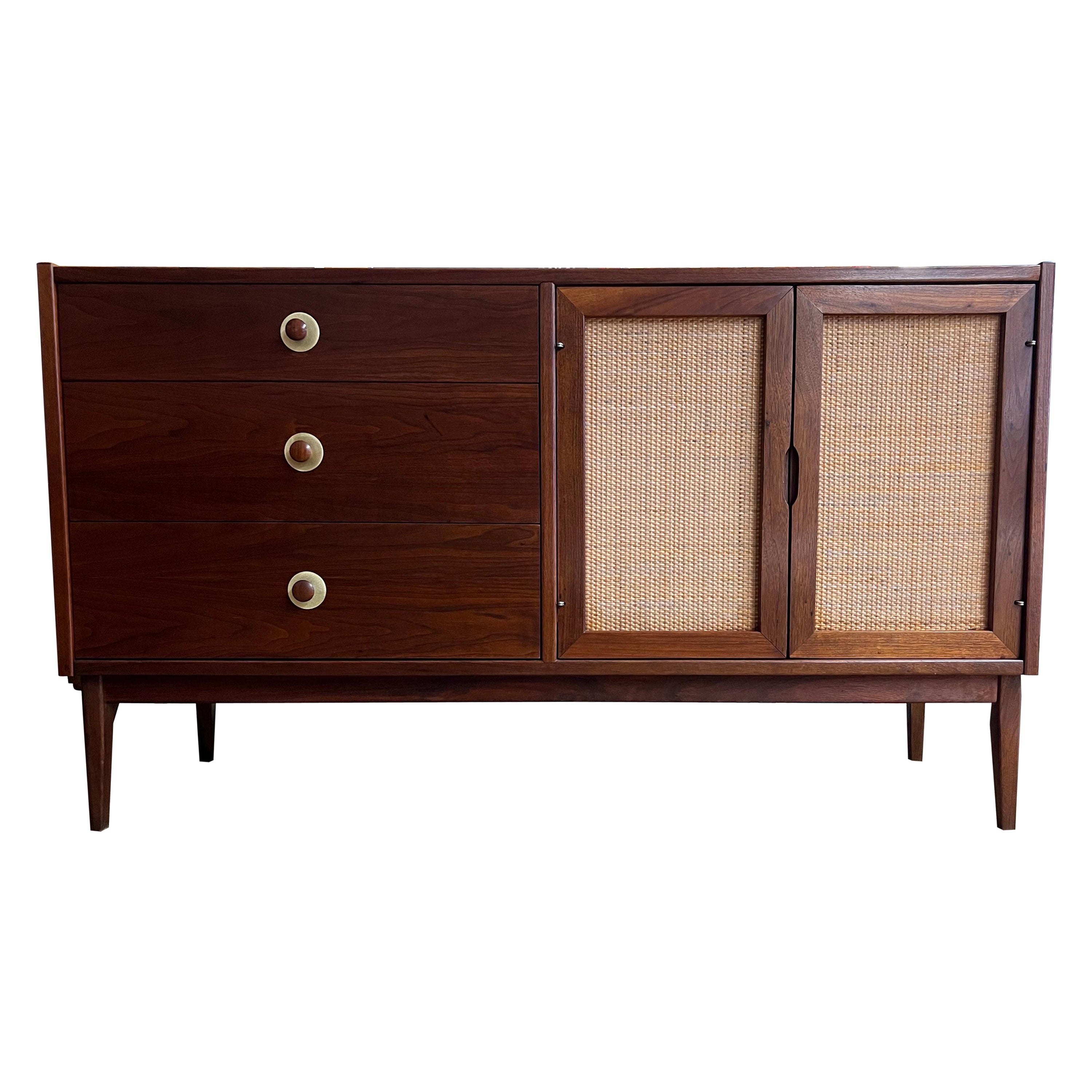 Vintage Mid Century Credenza or Buffet with Caning and Dovetailed Drawers For Sale