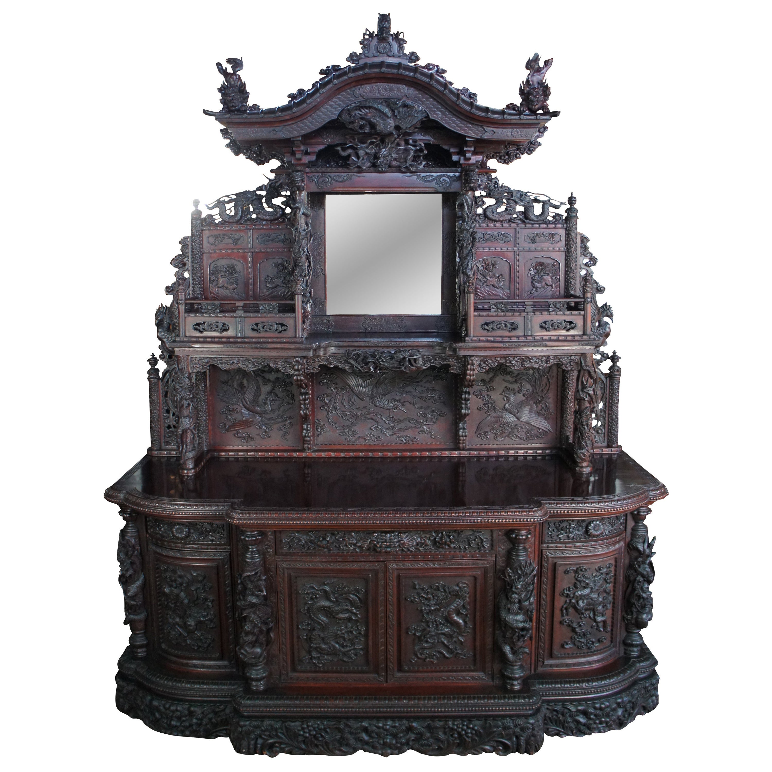 Rare Antique Monumental Japanese Imperial Carved Elm Altar Sideboard Console For Sale